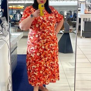 ELOQUII RED PINK FLORAL‎ MIDI DRESS